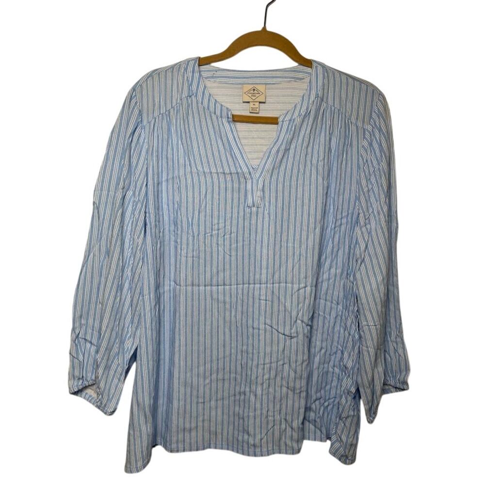 St Johns Bay Striped V Neck Long Sleeve Shirt Ice Blue Balloon Sleeve Preppy Top